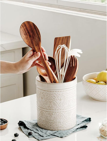 Kitchen Utensil Holder, 7 Inches Large Ceramic Utensil Holder for Countertop, Lace Emboss Cooking Utensil Crocks for Kitchen, Home Decor, Off-White