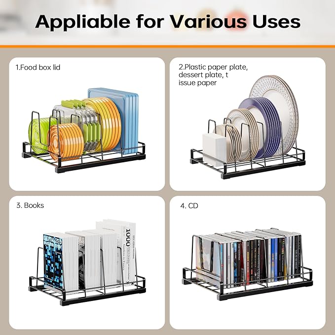 Lid Organizers for Inside Cabinet, Metal Food Storage Container Lid Holder with 5 Adjustable Dividers, Kitchen Pantry Organizer and Storage for Cupboard,Cabinets,Pantry,Drawers, 11" X 7.87"