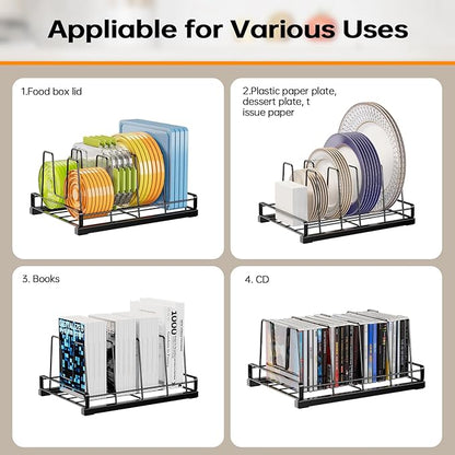 Lid Organizers for Inside Cabinet, Metal Food Storage Container Lid Holder with 5 Adjustable Dividers, Kitchen Pantry Organizer and Storage for Cupboard,Cabinets,Pantry,Drawers, 11" X 7.87"