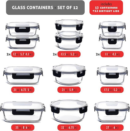 EATEX 24pc Glass Storage Containers with Lids, 12 Set Glass Food Storage Containers with 12 Airtight Lids, Pantry Kitchen Meal Prep Containers for Lunch, Freezer Storage Containers, Oven Safe