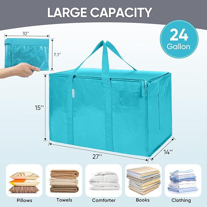 TICONN 4 Pack Extra Large Moving Bags Heavy Duty with Zippers & Carrying Handles, Durable Storage Bags Moving Boxes for Closet Organizers and Storage (4 Pack, Aqua)