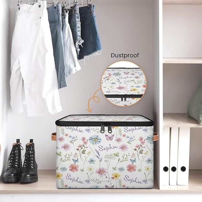 Custom Watercolor Flower Storage Bins with Lid, Foldable Personalized Storage Basket Boxes with Handle Shelf Basket Closet Organizer Cube