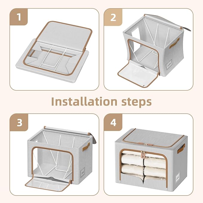 FHSQX 6 Pack Clothes Storage Bins - Foldable Storage Bins for Clothes Fabric Storage Box with Metal Frame (Light Grey, 16.5x12.2x12.2 inch)