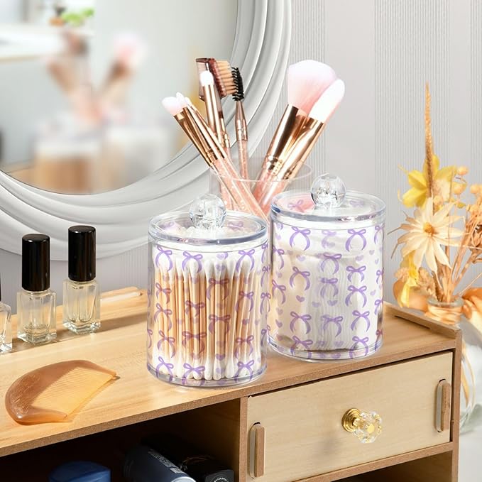 2 Pack Apothecary Jars Purple Bow Love Qtip Holder Organizer Clear Airtight Container for Cotton Swabs Food Storage 14oz Plastic Jars with Lids