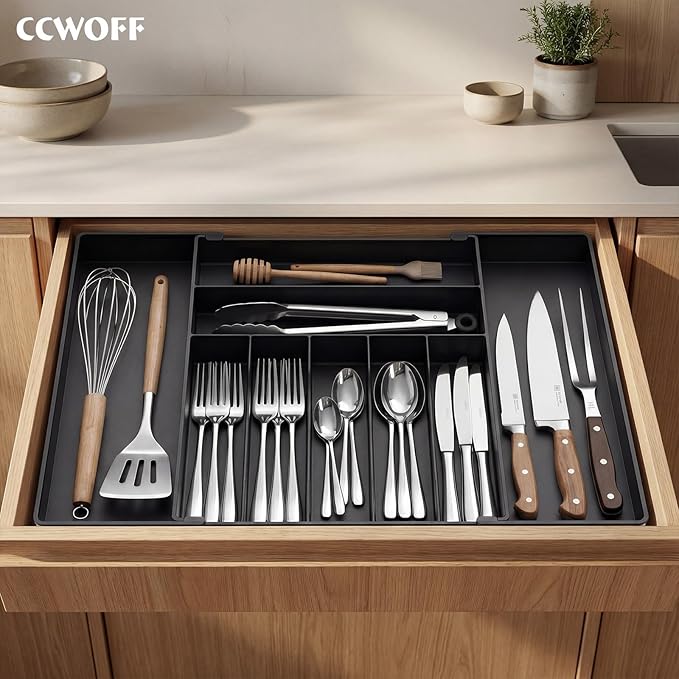 Extra Large Silverware Organizer, 9 Slot Expandable Kitchen Drawer Organizer, Utensil Holder, Heavy Duty Stainless Steel Frame Silverware Drawer Organizer, 8 Non-Slip Feet Included, BPA Free, Black