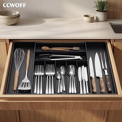 Extra Large Silverware Organizer, 9 Slot Expandable Kitchen Drawer Organizer, Utensil Holder, Heavy Duty Stainless Steel Frame Silverware Drawer Organizer, 8 Non-Slip Feet Included, BPA Free, Black