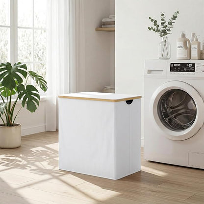 efluky Laundry Hamper with Lid, Double Laundry Basket with 2 Removable Bags, 2 Section Laundry Bin with Bamboo Handles for Bathroom, Bedroom & Laundry Room, 140L (36.9 Gallon) White