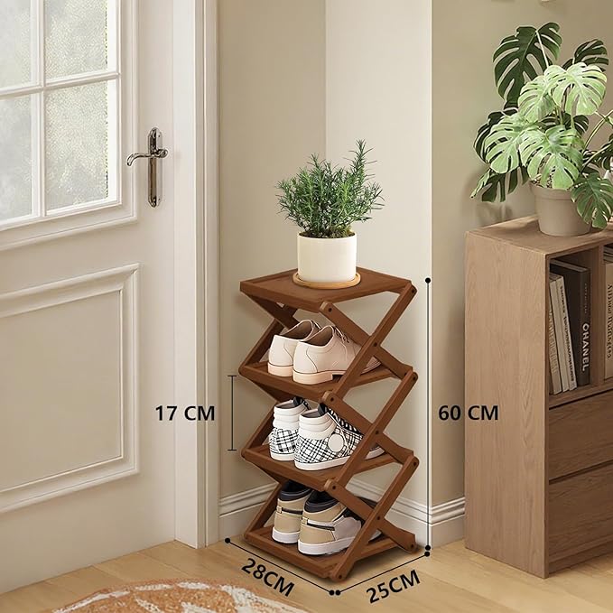 YYW Shoe Rack, Foldable Bamboo Shoes Shelf, Freestanding Shoe Storage Organiser for Entryway, Bedroom, Closet, Hallway - Functional, Natural Shoe Rack (Brown, 4 Layers)