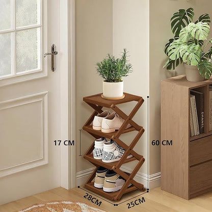 YYW Shoe Rack, Foldable Bamboo Shoes Shelf, Freestanding Shoe Storage Organiser for Entryway, Bedroom, Closet, Hallway - Functional, Natural Shoe Rack (Brown, 4 Layers)