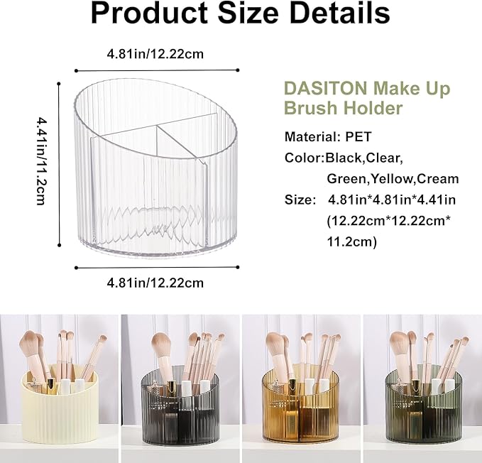 DASITON 3 Slots Makeup Brush Holder, Acrylic Makeup Brush Cup, Vintage Striped Make Up Brush Holder for Vanity Decor, Bathroom Countertops, Desk Storage Container, Cosmetic Display Cases (Clear)