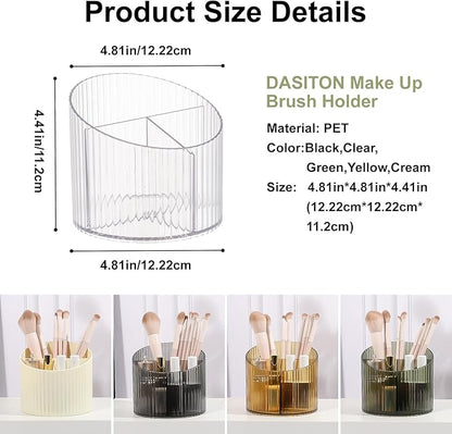 DASITON 3 Slots Makeup Brush Holder, Acrylic Makeup Brush Cup, Vintage Striped Make Up Brush Holder for Vanity Decor, Bathroom Countertops, Desk Storage Container, Cosmetic Display Cases (Clear)
