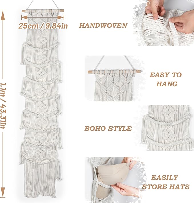 Macrame Hat Hangers for Wall Handmade Boho Baseball Cap Hanger Hand Knitting Cap Organizer Hat Holder for Wall Over Door Ball Hat Rack for Decoration Wardrobe Living Room Bedroom