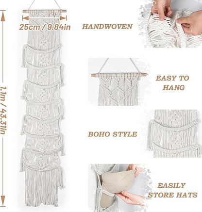 Macrame Hat Hangers for Wall Handmade Boho Baseball Cap Hanger Hand Knitting Cap Organizer Hat Holder for Wall Over Door Ball Hat Rack for Decoration Wardrobe Living Room Bedroom