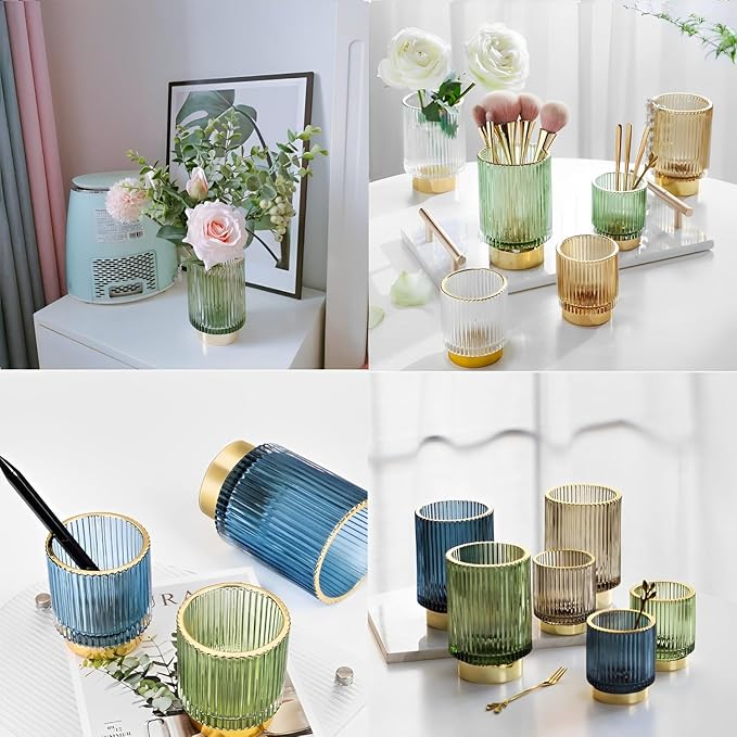 Makeup Brush Holder Organizer, Heavy Crystal Glass Brush Storage Holder, Vintage Cosmetic Make Up Bathroom Brushes Cup Pen Pencil Toothbrush Holder Striped Vase (Large (amber))