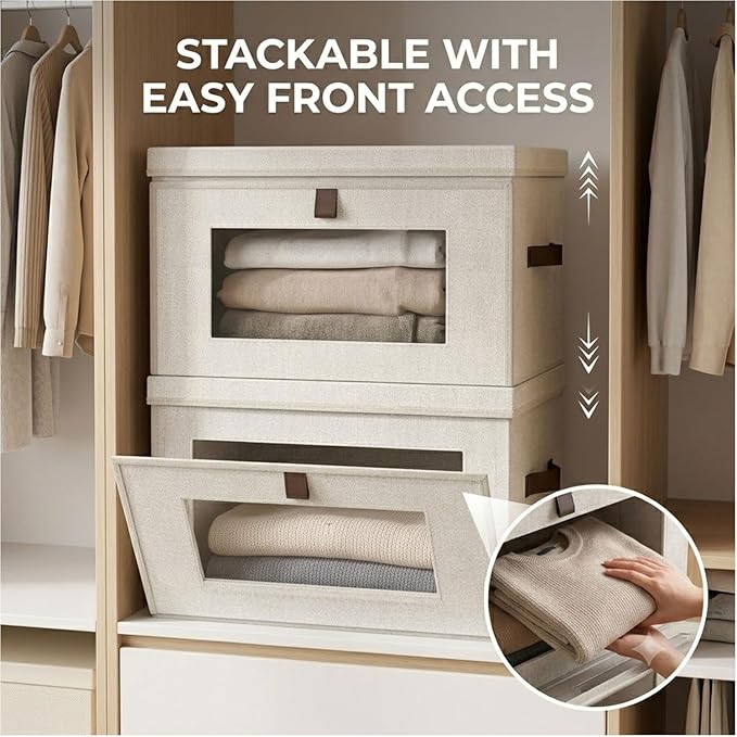 35L Large Closet Organizers and Storage Bins 2-Pack, Collapsible Fabric Storage Boxes with Lids and Handles, Front Opening Wardrobe Container with Clear Window for Clothes, Blankets, Living Room, Dorm