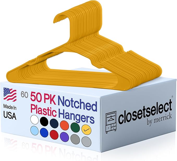 Closetselect Plastic Hangers 50 Pack - Space Saving Clothes Hangers, Made in USA, Durable & Strong Plastic Shirt & Coat Hanger with Notches & Shoulder Grooves, Non-Slip Hangers | Scoreboard Yellow