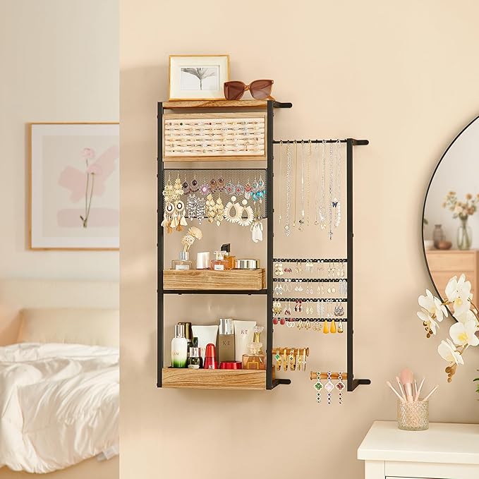 Pinzoveco Hanging Jewelry Organizer Wall Mounted, Large Hanging Jewelry Organizer Holder for Necklaces,Bracelest,Earrings,Rings,Watched,Makeup & Perfume (Black)