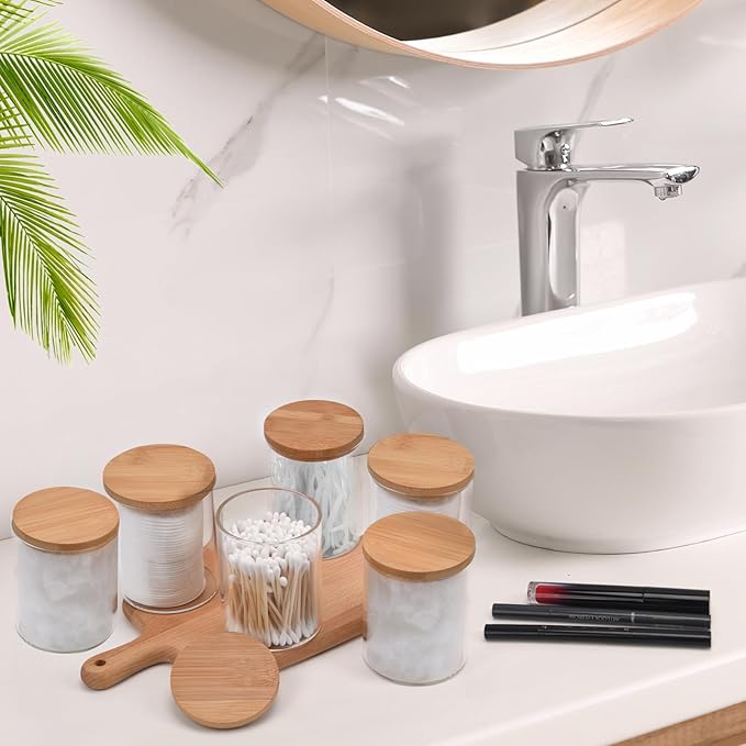 BKYFPQ 6 Pack Glass Qtip Holder Dispenser Set - Apothecary Jars with Lids for Vanity Makeup Organizer - Bathroom Canister Storage Organizer