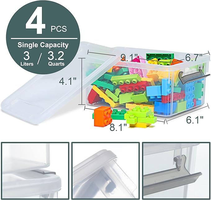 Citylife 4 Packs Small Storage Bins with Lids 3.2 QT Plastic Storage Containers for Organizing Stackable Clear Storage Boxes