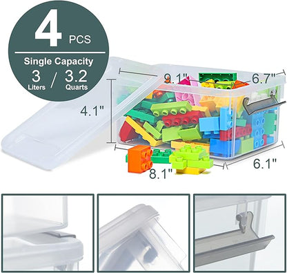 Citylife 4 Packs Small Storage Bins with Lids 3.2 QT Plastic Storage Containers for Organizing Stackable Clear Storage Boxes