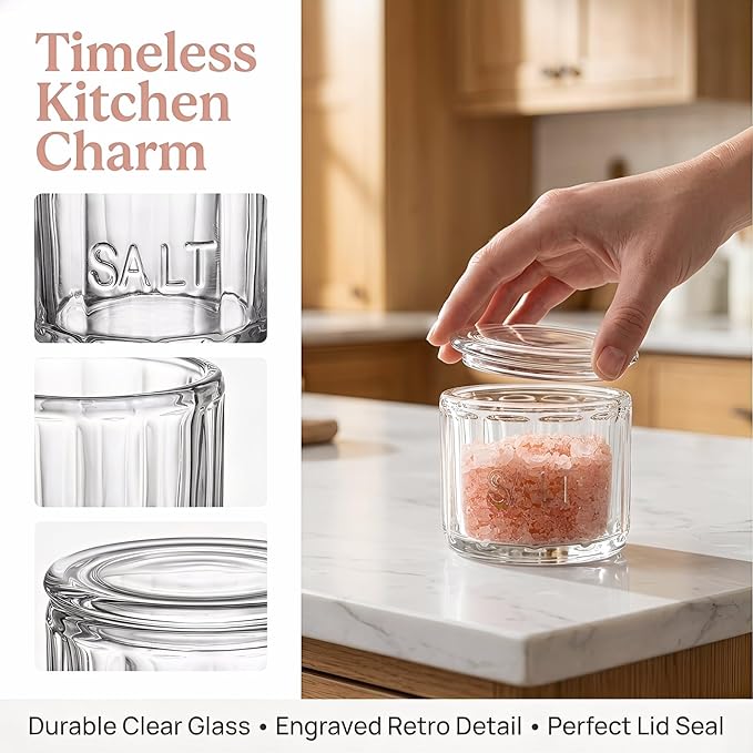 Nicunom 2 Pack Clear Glass Salt Cellar with Lid, Salt Storage Container Salt Box, Retro Style, Kitchen Decor, Wedding Gift, 3.75" D x 3.15" H