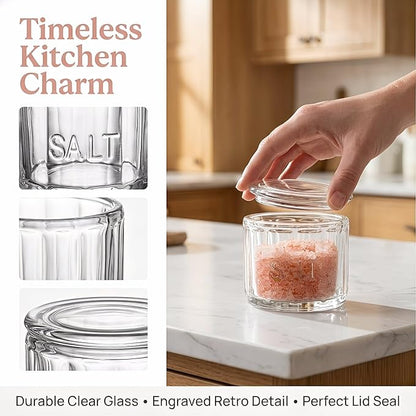 Nicunom 2 Pack Clear Glass Salt Cellar with Lid, Salt Storage Container Salt Box, Retro Style, Kitchen Decor, Wedding Gift, 3.75" D x 3.15" H