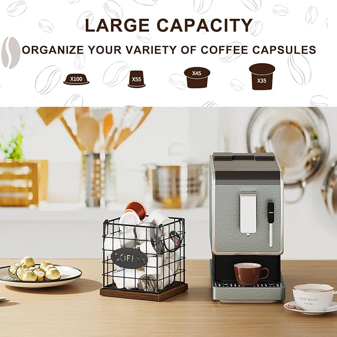YINMIT K Cup Holder Organizer, Rustic Coffee Pod Holder Organizer, 35 Kcup Holder for Counter with Handle，Large Capacity Black Wire Coffee Capsule Basket for Kitchen Office Desktop (Square Grid)