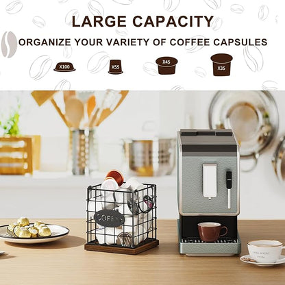 YINMIT K Cup Holder Organizer, Rustic Coffee Pod Holder Organizer, 35 Kcup Holder for Counter with Handle，Large Capacity Black Wire Coffee Capsule Basket for Kitchen Office Desktop (Square Grid)