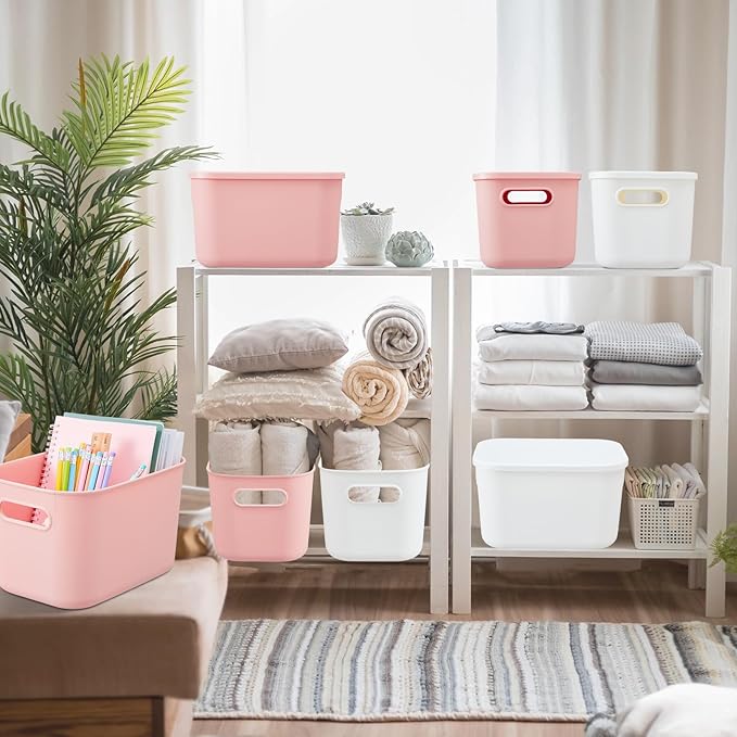 Hoolerry 8 Pieces Colorful Storage Bins with Lid, Plastic Storage Basket Organizing Container Stackable Box with Handle for Shelves Desktop Playroom Office(9.8 x 7.1 x 6.3 Inch,White and Pink)