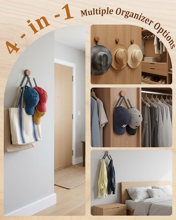 2 Pack Hat Rack for Wall, Stainless Steel Baseball hat Organizer, Adhesive Hat Storage Holder for Door & Bedroom, Holds Up to 25 Hats, 4 Storage Options