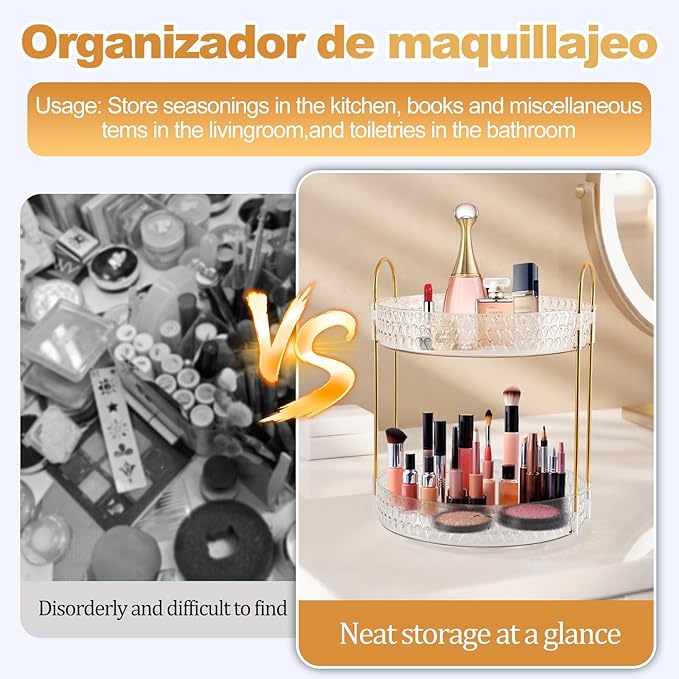 2 Tier Acrylic Lazy Susan Organizer, 360° Rotating Makeup orgaizer & Skincare Storage Tray, Clear Spinning Vanity Organizer for Bathroom Countertop, Cabinet, Dresser, Kitchen, Perfume Organizer