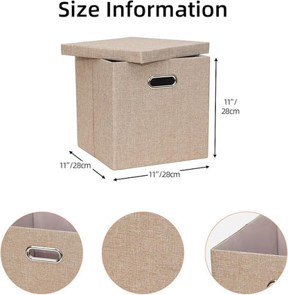 Storage Bins with Lids, Collapsible Linen Fabric Boxes Organizer Containers with Lid Foldable Storage Box Basket for Closet, Shelves, Home, Office, 12 x 12 x 12.4 Inch, 4 Pack, Khaki