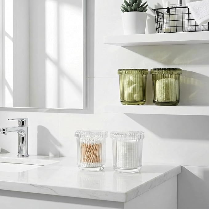 2 Pack Qtip Holder - Apothecary Jars with Lids, Bathroom Organizers and Storage Canister for Cotton Balls,Swabs,Floss Picks,Hair Ties,Clear Glass Vintage Bathroom Decor Jar Set (green2)