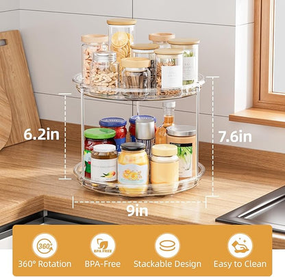 LAMU 2 Tier Lazy Susan Turntable Organizer for Cabinet, 9'' Rotating Spice Rack for Kitchen, Pantry, Countertop, Bathroom, Vanity, Under Sink, Medicine Cabinet Organizer, 1 Pack