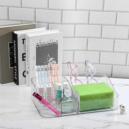DASITON Large Capacity Makeup Brush Holder, 7 Slot Makeup Brush Cup, Vintage Striped Make Up Brush Holder, Makeup Tray Organizer for Vanity Decor, Bathroom Countertops, Desk Storage Container (Clear)