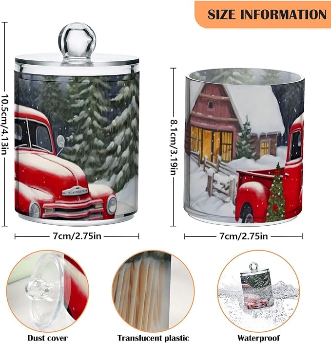 2 Pack Apothecary Jars Bathroom Red Truck Farm Christmas Qtip Holder Dispenser Clear Plastic Storage Canister Jar with Lid for Cotton Ball, Cotton Swab