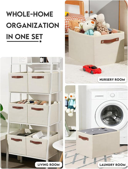 [6-Pack] Fabric Storage Bins Reinforced 2.5mm Cardboard Shelf Bins with PU Leather Handles (15x11x9.5 ) Durable Storage Baskets for Closet Organization, Toy Organizer, & Home Office Beige