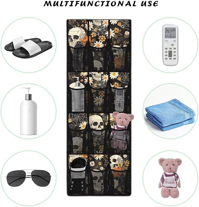 Skull Flowers 12-Pocket Over Door Hanging Shelves - Adjustable Compartments for Spices, Snacks, Cosmetics - Easy No-Tools Assembly