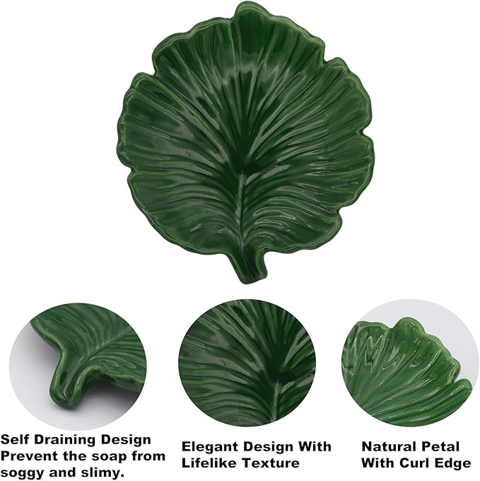Elegant Bathroom Soap Dish,Ceramic Soap Dish Holder in Palm Leaf Style,Self-Draining Design for Bathroom