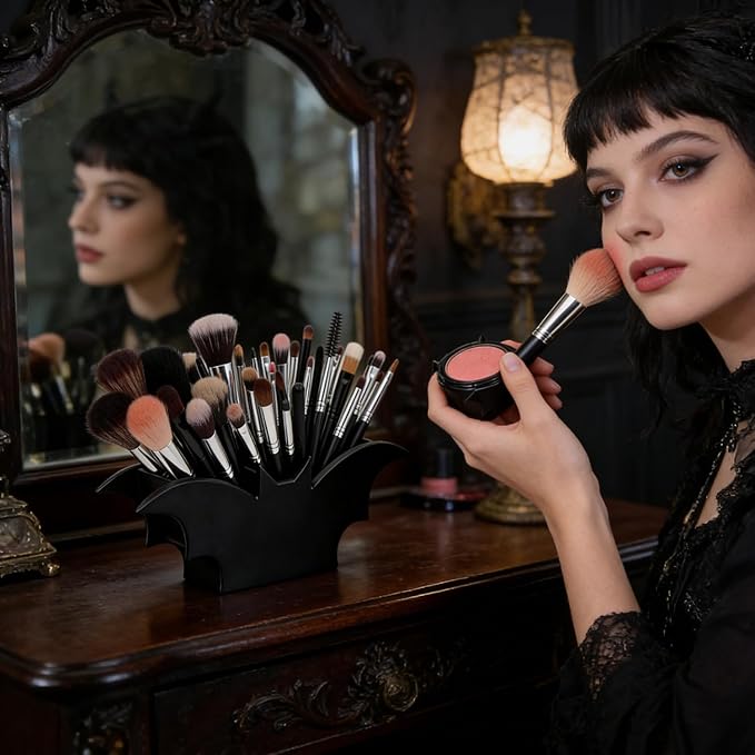 Gothic Makeup Brush Organizer - Wooden Bat Pen Holder Cosmetic Display Case for Vanity Desk Gothic Decor for Bathroom Bedroom Living Room Decoration Unique Gift