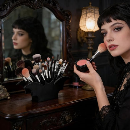 Gothic Makeup Brush Organizer - Wooden Bat Pen Holder Cosmetic Display Case for Vanity Desk Gothic Decor for Bathroom Bedroom Living Room Decoration Unique Gift