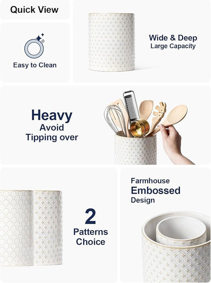 LE TAUCI Utensil Holder for Kitchen Counter - 7.1" Large Ceramic Kitchen Utensil Holder, Embossed Cooking Utensil Crock for Spatula, Spoon - Farmhouse Kitchen Decor & Organizer, White, Clover