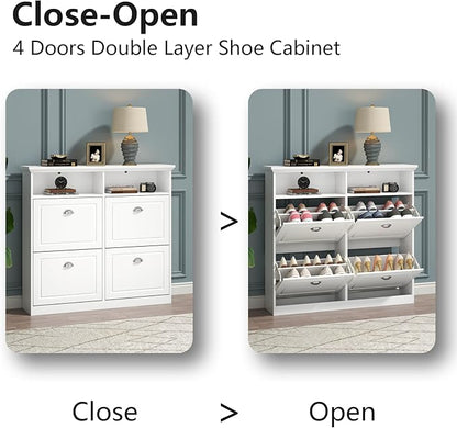 Loomie Shoe Cabinet with 4 Flip Drawers, Freestanding Shoe Storage Cabinet with Open Shelves, Hidden Slim Narrow Shoe Rack Cabinet, Shoe Organizer Cabinet for Entryway, Foyer, Hallway (White)