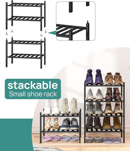 viewcare Black Small Shoe Rack for Entryway, 4-Tier Bamboo Shoe Organizer for Hallway Closet, Free Standing Shoe Racks for Indoor Outdoor