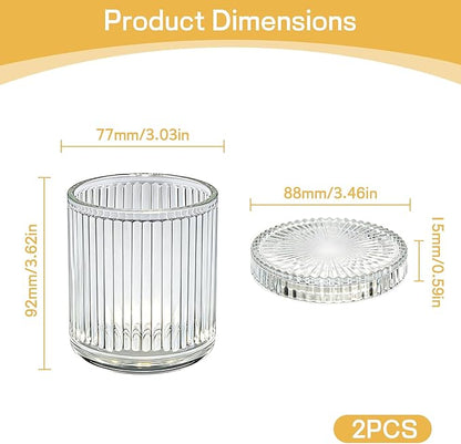 2 Pack Ribbed Glass Qtip Holder with Lid, Apothecary Storage Jars, Bathroom Vanity Countertop Organizer for Cotton Swabs, Cotton Balls, Pads, Floss Picks, Hair Ties, Makeup Accessories (Clear)