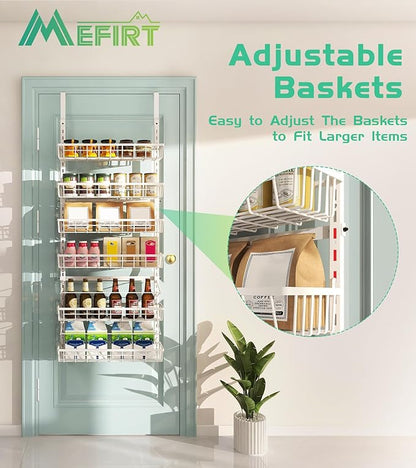 Mefirt Over The Door Pantry Organizer, Wall Mount Spice Rack, Pantry Hanging Storage and Organization, 6 Adjustable Baskets Heavy-Duty Metal for Home & Kitchen, Back of Door Seasoning Rack - White