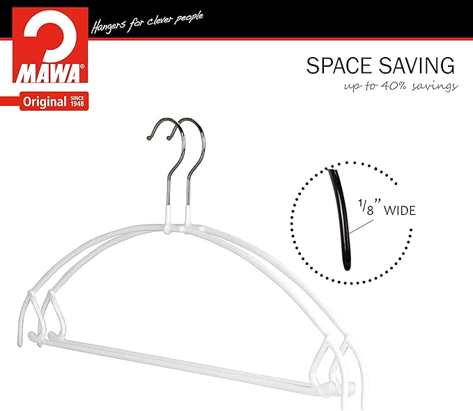 Mawa by Reston Lloyd Euro Ultra Light/Thin Series, Non-Slip Space Saving Clothes Hanger with Bar & Hook for Pants and Skirts, Style 42/PTU, Set of 10, White