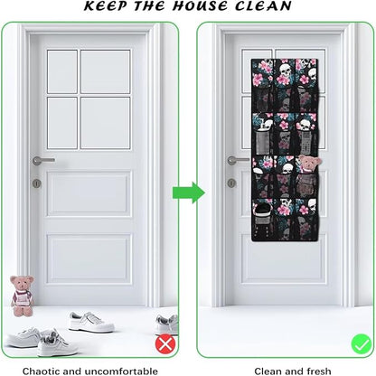 Skull Over The Door Pantry Organizer,Hanging Baskets with 12 Mesh Large Pockets,Over The Door Organizer,Pantry Organizers and Storage,Stable Spice Rack for Kitchen,Bathroom,Closet