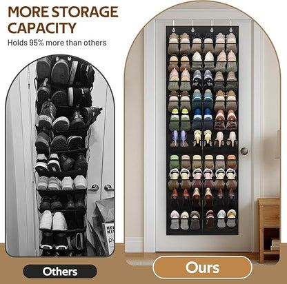 30 Pairs Over the Door Shoe Organizer, Hanging Shoe Organizer with 4 Metal Hooks, Large Capacity Breathable Mesh Shoe Rack for Closet Door, Multi-Pocket Storage for Shoes, Hats, Toys, Towels (Black)