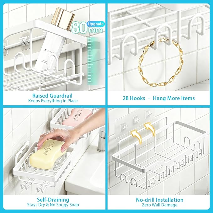 Fammart Adhesive Shower Caddy, 5-Pack Rustproof Stainless Steel Bathroom Organizer with 28 Hooks, No-Drill Large Capacity Shower Shelves for Bathroom Storage & Home Décor, White